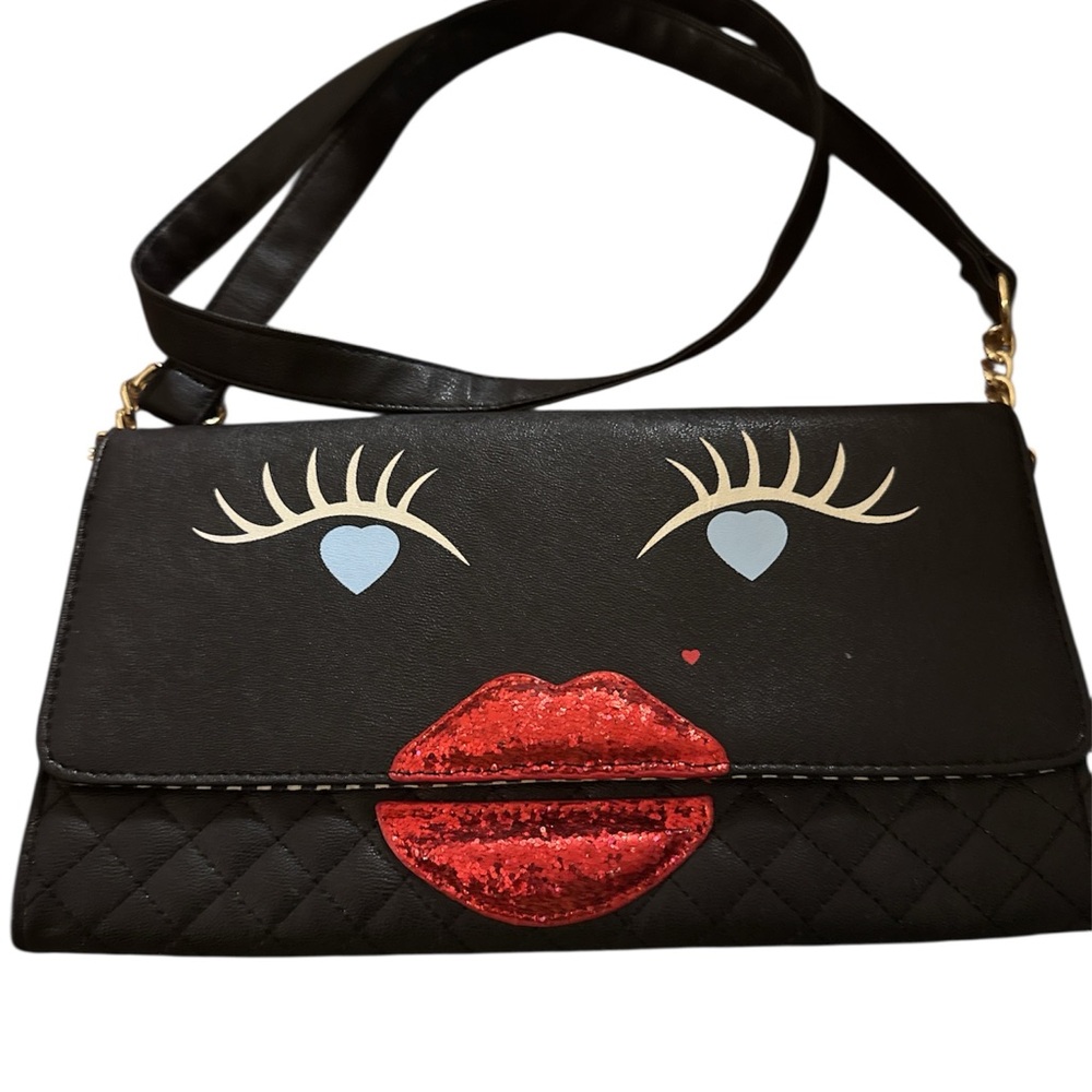 Betsey Johnson Black faux lCrossbody or Clutch Bag with face Design